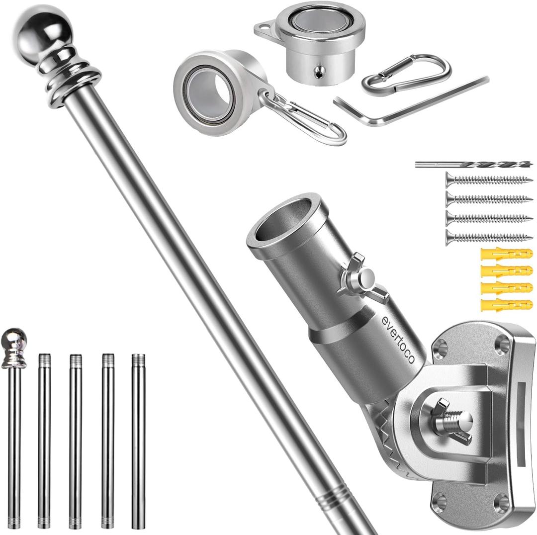 Premium Flag Pole Kit - T304 Stainless Steel 180Adjustable Flag Bracket, Thicker 6 Ft Flag Pole with Aluminum Alloy Rings - Durable, Wind Resistant, Rust Free, Silver
