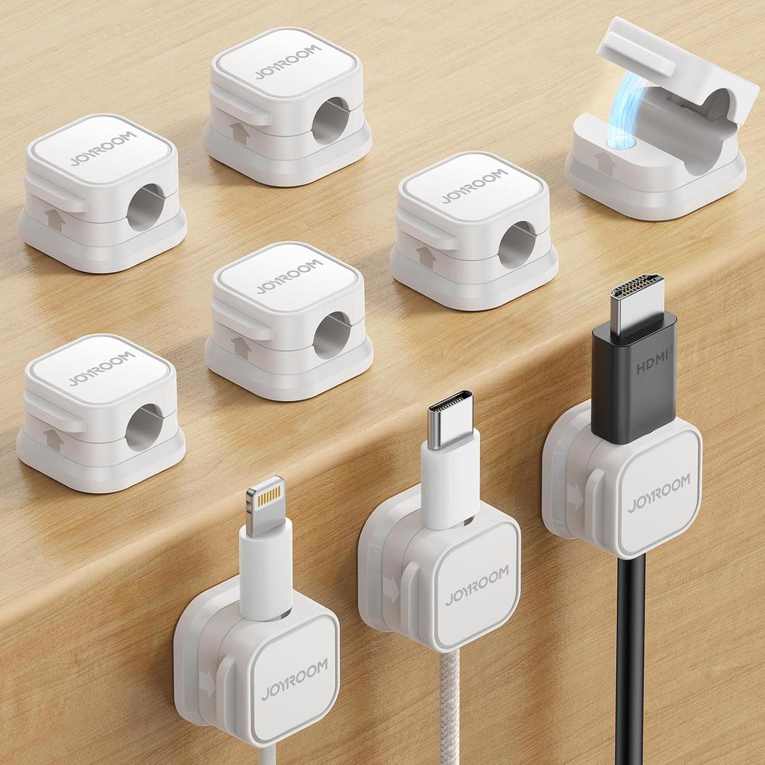 9 Pack Magnetic Cable Clips [Cable Smooth Adjustable] Cord Holder, Under Desk Cable Management, JOYROOM Adhesive Wire Holder Keeper Organizer for Home Office Desk Phone Car Wall Desktop Nightstand (White)