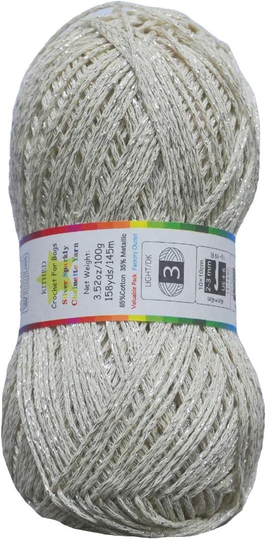 2 x Silver Sparkly Chainette Yarn,3.5oz/98g 158yds Yarn for Crocheting and Knitting (49 Ecru, 1 Pack), (Mix Colors)
