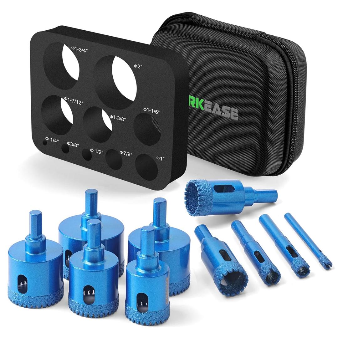 Diamond Hole Saw Kit, 10 PCS Brazed Diamond Tile Drill Bits Set with EVA Guide Jig for Ceramic Tile, Glass, Granite, Marble, Dry & Wet Cutting, 6-50mm, Includes Storage Bag