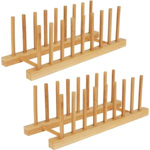 Bamboo Dish Drying Rack Kitchen Cabinet Organizer, Plate Pot Lid Organizer, Wooden Drying Rack Stand Drainer for Dish, Pots, Lids, Bowls, Cups, and Cutting Boards and Books (2PCS)