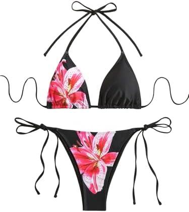 SEGT Women's 2 Piece Floral Print Halter Neck Tie Bikini Set Triangle String Thong Swimsuit Summer Bathing Suits for Women Small