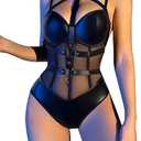 Lilosy Sexy Crisscross Choker Leather Underwire Push Up Mesh Sheer Babydoll Women Harness Teddy Bodysuit Nightgown Nightshirt One Piece Pu Latex Black Small. Size Small 