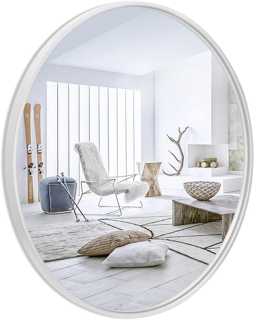 24Round Mirror, White Large Circle Metal Frame Wall Mirror for Bathroom, Entryway, Living Room,Vanity