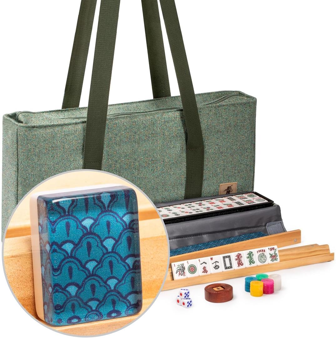 American Mahjong Set, "Atlantica" with Fabric Case, 4 Wooden Pusher Racks, Wind Indicator, Dice & Wright Patterson Count Scoring Coins