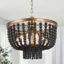 Black Beaded Chandelier, 4-Light Boho Farmhouse Chandelier for Dining Room, Bedroom, Hallway, Antique Gold Finish with Rustic Wood Bead Strands, 15.5" Dia