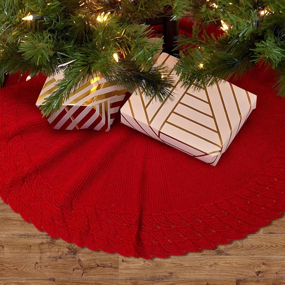 QLEKEY Red Christmas Tree Skirt, 32 Inch Mermaid Scale Wave Pattern Knitted Xmas Tree Skirt, Rustic Christmas Holiday Decoration.