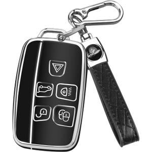 FT FUNTOR for Range Rover Key Fob Cover,Compatible with Land Rover LR4 Range Rover Sport Evoque Jaguar XJ XE XJL XEL XFL F-pace,5 Buttons TPU for Jaguar Key Fob Cover with Silver Edge (A-Black)