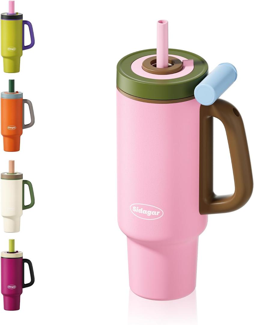 Tumbler with Handle,36 oz Ceramic Lined Travel Mug Water Bottle with Straw,Vacuum Insulated Stainless Steel Cup with Lid,Fits Cup Holder, Leak Resistant Press-in Lid, Pink