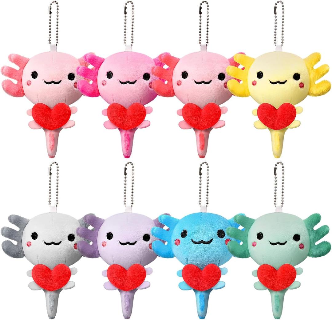 Poen 8 Pcs Valentine's Day Mini Axolotl Plush Keychains Ornament with Heart 4 Inch Galentines Party Favors Stuffed Animal Bulk Cute Kawaii Assorted Color Plushies for Birthday Classroom Gifts Exchange