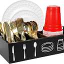 5-Tier Paper Plate Holder & Utensil Organizer for Kitchen - Wooden Storage Rack for Party, Picnic, BBQ | Under Cabinet Space Saving Design with 5 Compartments for Plates, Napkins, Cutlery (Black)