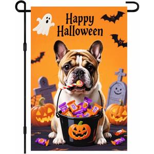 IVN Halloween Garden Flag 12x18 Inch Double Sided Dog French Bulldog Mummy Pumpkin Candy Trick or Treat Jack O Lantern Outdoor Fall Yard Flag for Outside Home Front Door Lawn Porch Patio Welcome Decor
