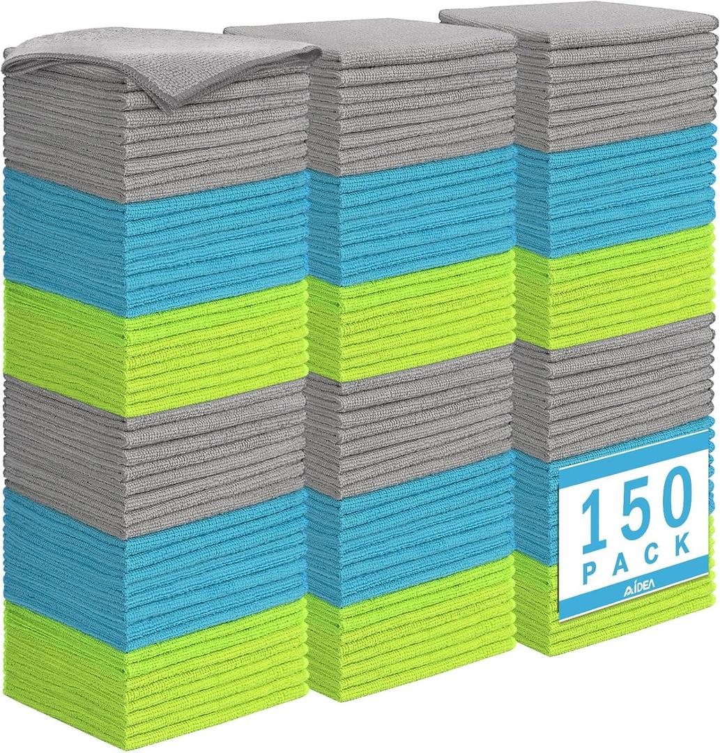 AIDEA Microfiber Cleaning Cloth-150PK, Soft Microfiber Towels for Cars, Absorbent Cleaning Rags, Lint-Free Streak-Free Wash Cloths for House, Kitchen, Window(12in.x12in) (Multi-colored)