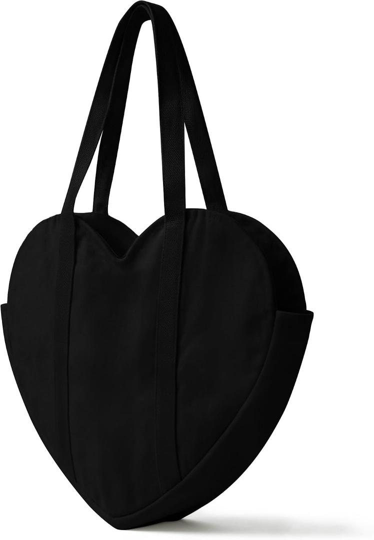 CosInStyle Cute Heart Shaped Canvas Tote Bag for Women, Daily Reusable Shoulder Grocery Book Bags with Pocket & Buckle