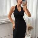 Soft Stretchy Halter Bodycon Dresses for Women Midi Fitted Casual Club Backless Dress Going Out Cocktail Party Outfit (X-Large, Black)