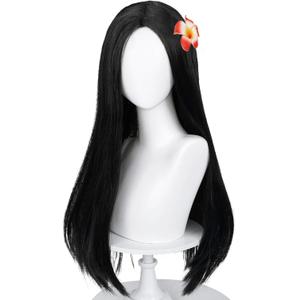 Half and Half Long Straight Black Wig with Flower Hair Clip, Black Center Part Wigs 23.6'' Synthetic Hair + Wig Cap for Halloween Party Daily Costumes