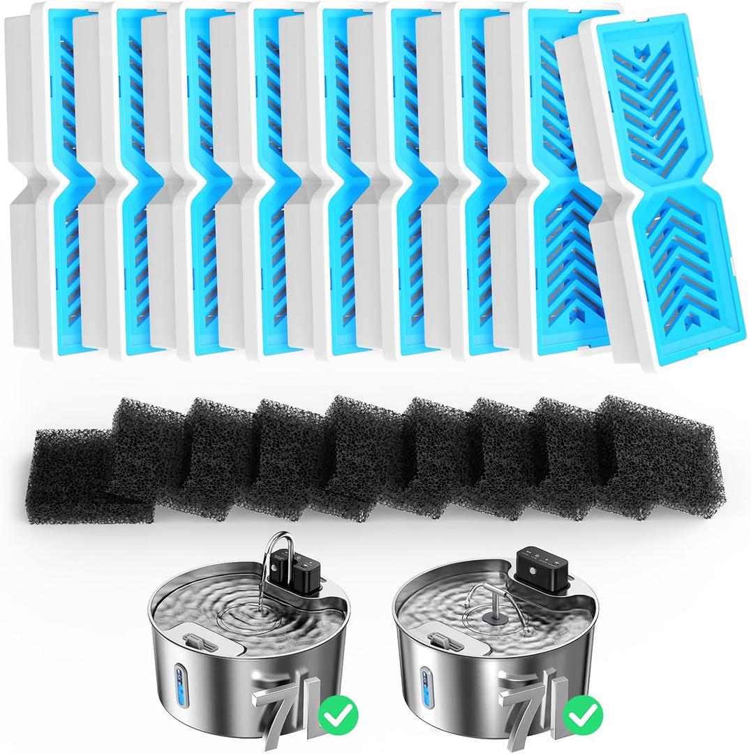 Voluas Dog Fountain Replacement Filters & Sponges, for 1.8gal/236oz/7L Wireless Stainless Steel Pet Water Fountain - 9 Filters & 9 Sponges