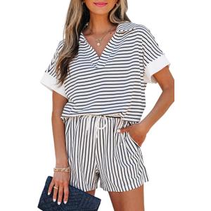 KevaMolly Womens Lounge Sets V Neck Tee and Casual Short Set Casual Pocket Decoration Two Piece Sets (White, XL)