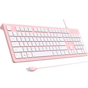 Computer Keyboard Wired, Plug Play USB Keyboard, Low Profile Chiclet Keys, Large Number Pad, Caps Indicators, Foldable Stands, Spill-Resistant, Anti-Wear Letters for Windows PC Laptop, Full Size, Pink