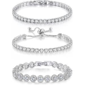 3 Pcs Tennis Bracelet Set White Gold Plated 5mm Round Cubic Zirconia CZ Diamond Dainty Adjustable Rhinestone Sterling Silver Bracelets for Women Stackable Fashion Wedding Prom Gift (3PCS Silver Bracelets Set-A) 3 Pcs Tennis Bracelet Set White Gold Plated 5mm Round Cubic Zirconia CZ Diamond Dainty Adjustable Rhinestone Sterling Silver Bracelets for Women Stackable Fashion Wedding Prom Gift (3PCS Silver Bracelets Set-A)