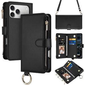 Vofolen for iPhone 17 Pro Case Wallet with Card Holder RFID Blocking Crossbody Strap Leather Flip Heavy Duty Drop Protective with Magnetic Clasp Zipper Pocket Metal Ring Wrist Strap Phone Case-Black