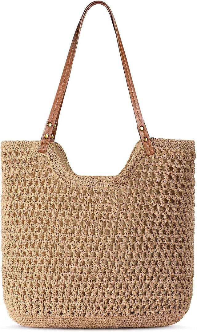 Pleneal Crochet Beach Bag, Summer Woven Tote Bag with Lining, Soft Purse Shoulder Bags for Vacation