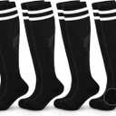 Hryrbay 4 Pairs Kids Cotton Soccer Socks Cushion Striped Baseball Uniform Boys World Cup Sock Toddler Girls Knee High Socks (6-9 Years, Black)