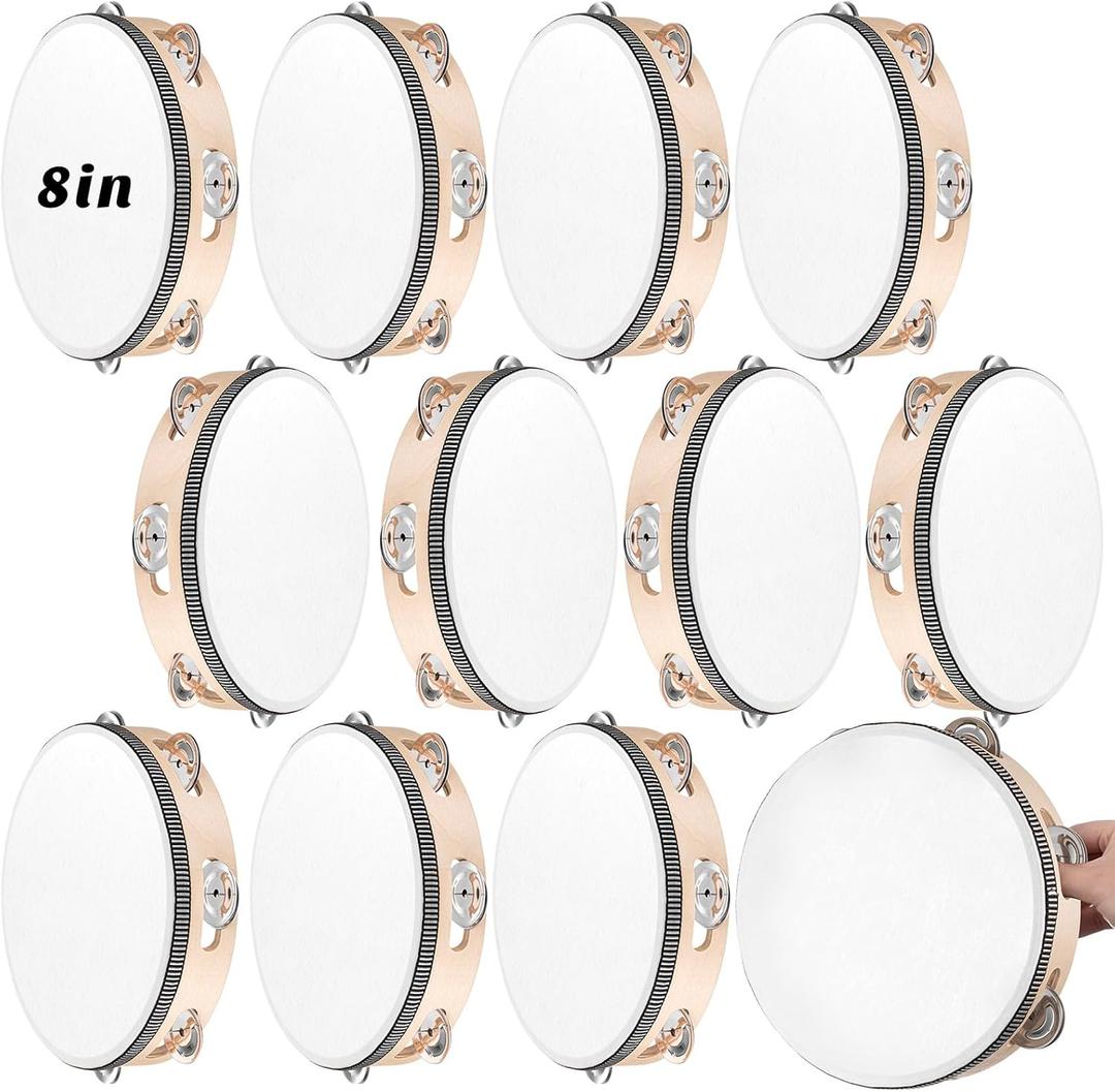 12 Pcs Tambourine Drum Bulk for Adults Hand Held Percussion Gift Operation Christmas Bulk Items Wood Metal Jingles Musical Educational Drum Instrument for Church Wedding Party Games(White) (8 Inch)