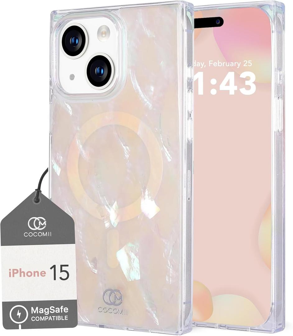 Cocomii - Rectangle Case Compatible with iPhone 15 - Compatible with MagSafe, Real Mother of Pearl, Opalescent Seashell, Glossy, Magnetic Phone Case for iPhone 15 6.1 inch, Iridescent