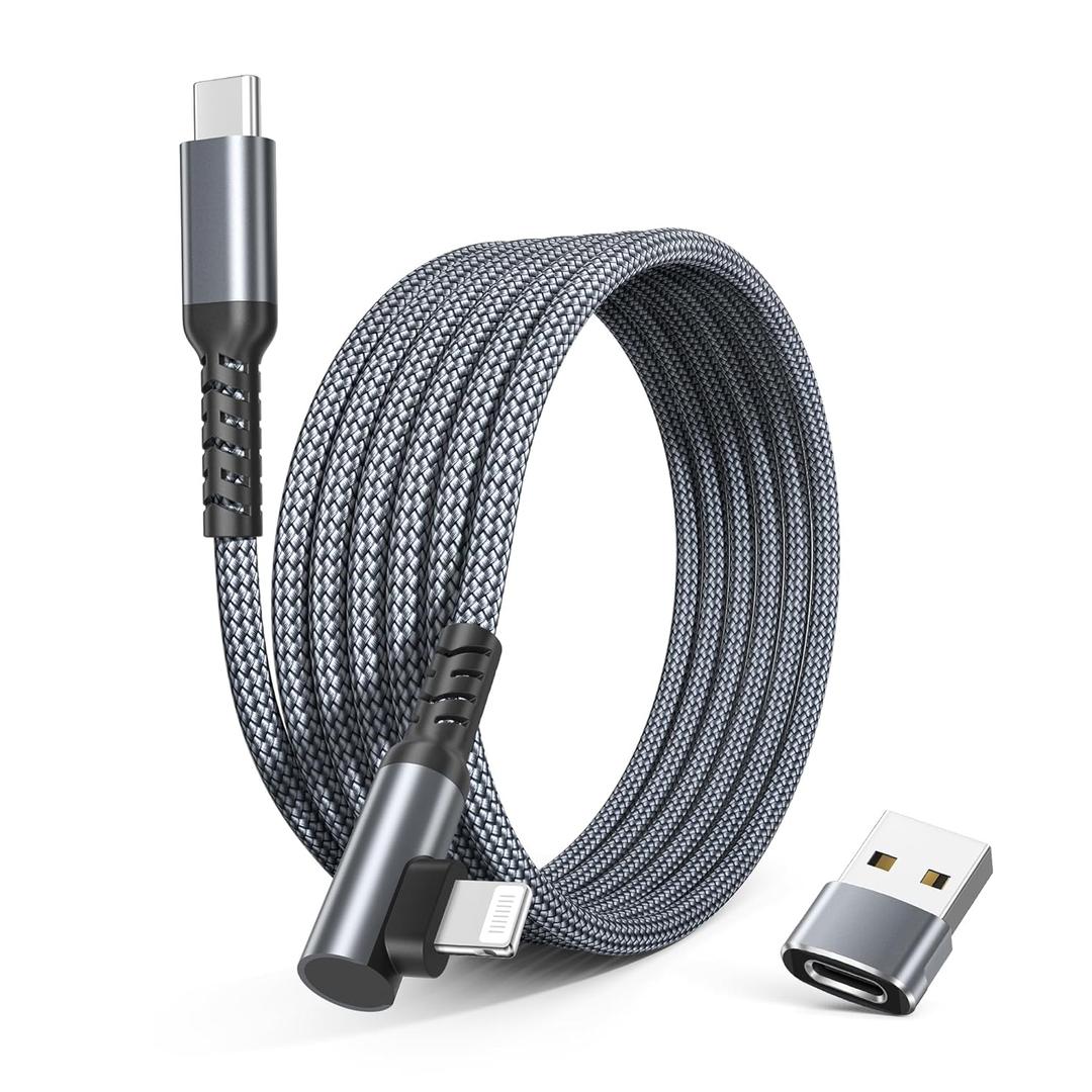 Basesailor iPhone 14 13 Pro Max Charger Cable Right Angle 10FT, 90 Degree USB C to Lightning Cord with USB A Adapter, Fast Car Charging Power Cord for Apple 12 11 Plus XS XR X 8 7 6 Plus 5 SE, iPad 8 9
