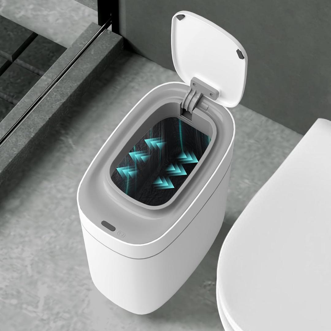 ELPHECO Slim Bathroom Trash Can with Lid, 2.5 Gallon Automatic Adsorption Garbage Can, Narrow Sensor Trash Bin, Slim Waterproof Garbage Can, Smart Waste Bin for Narrow Space (Bag Self-Absorbing) (White Absorption)