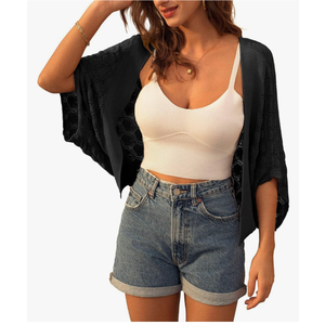 GRACE KARIN Womens Crochet Summer Cardigan Shrug 2025 Lightweight Open Front Hollow-out Batwing Cardigan Sweater Outwear, Black, L