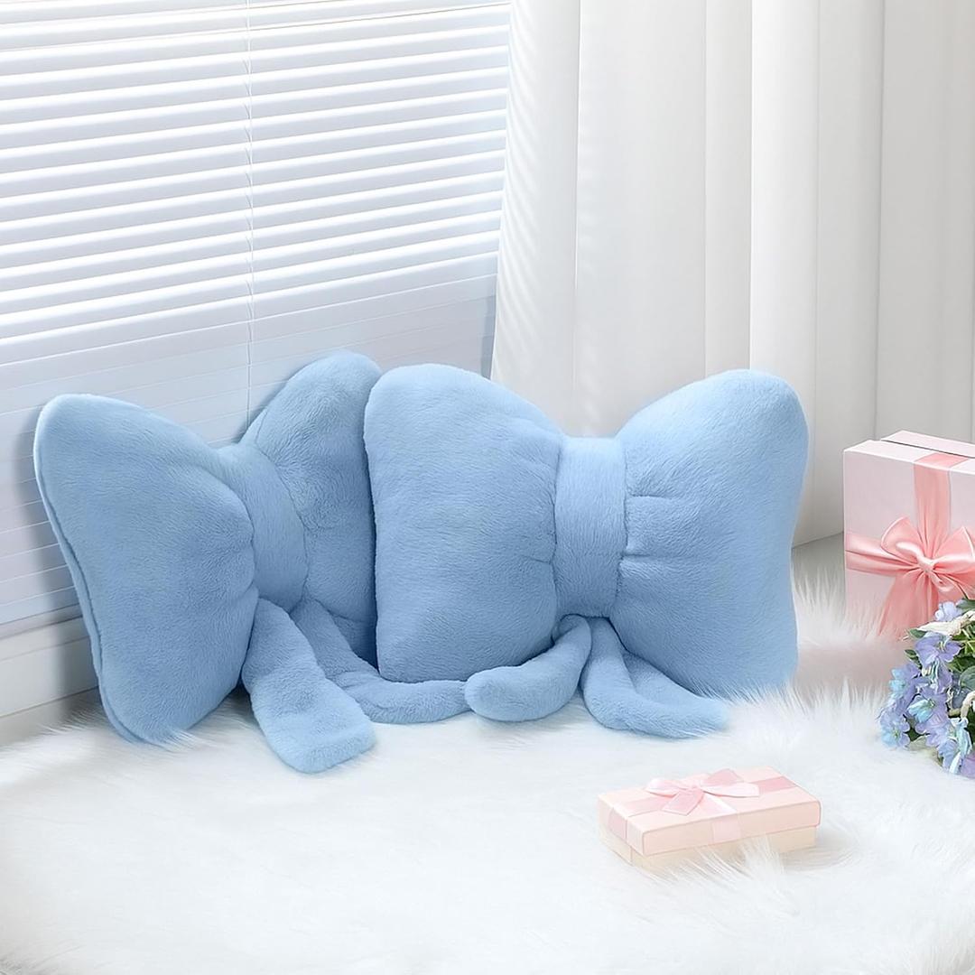 Beeveer 2 Pcs Blue Bow Pillow Faux Fur Blue Throw Pillows Soft Furry Coquette Decorative Cushion Cute Plush Bow Decor for Xmas Girls Home Room Bed Sofa Couch Car Gifts, 12 * 16 Inch