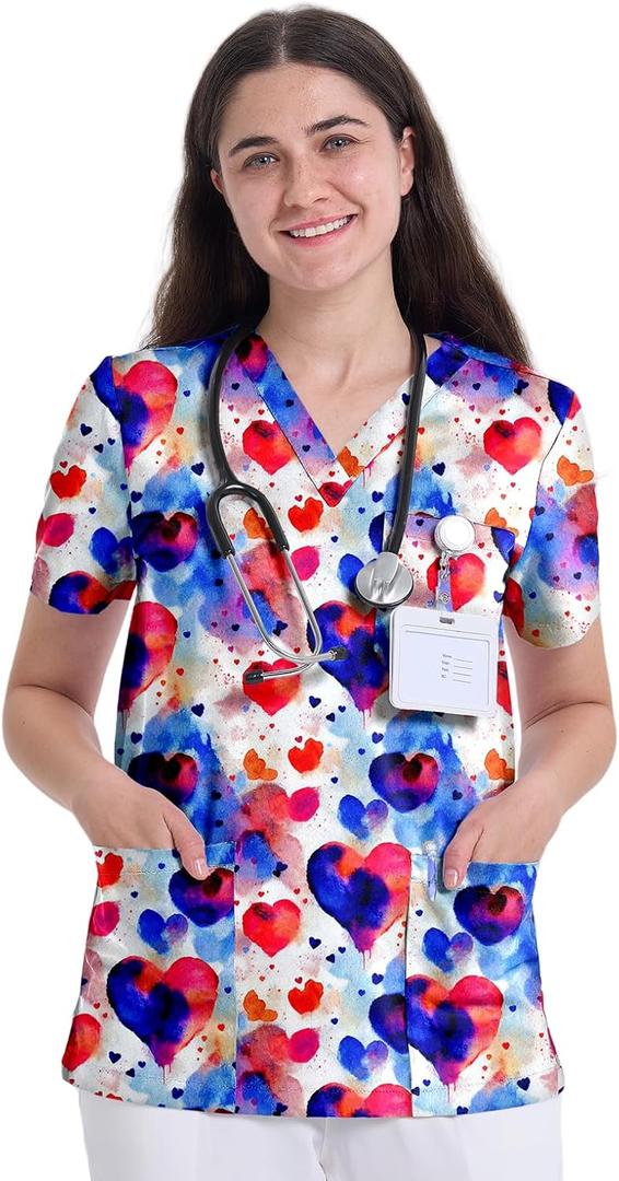 Scrub Tops for Women, V Neck Printed Scrub Tops, Medical Nursing Stretchy Shirts w/ 3 Pockets (X-Large, Colorful Hearts)