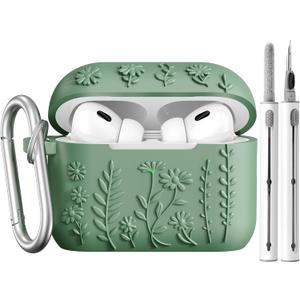 AIRSPO Airpod Pro 2nd Generation Case, 3D Floral Embossed Soft Silicone Protective Cover with Cleaner Kit for Apple Airpods Pro 2nd 1st Gen Case with Keychain (2023/2022), Green
