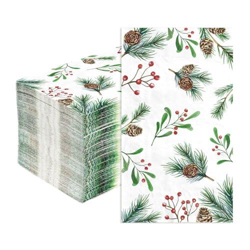 100 Pcs Christmas Paper Napkins 3 Ply Berry Pinecone Disposable Absorbent Hand Towels Guest Holly Leaves Greenery Napkins for Christmas Winter Holiday Dinner Bathroom Kitchen Decorations Supplies, 13" X 15.75"