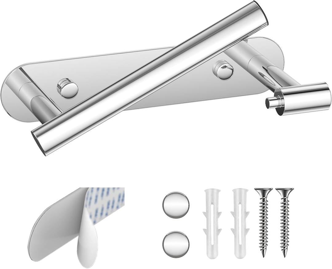 BESy Adhesive or Screw Toilet Paper Holder Wall Mount Rustproof Modern Roll Holder Flexible Pivoting Adjustable Tissue Handle with Self Adhesive or Mounted with Screws Stainless Steel Polished Chrome