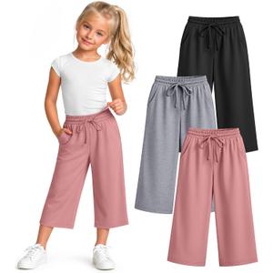 3 Pack Girls' Capri Pants 5-14 Years | Drawstring Capris, Cropped Pants, Kids Sweatpants, Workout, Summer, Loose, Back to School, with Pockets