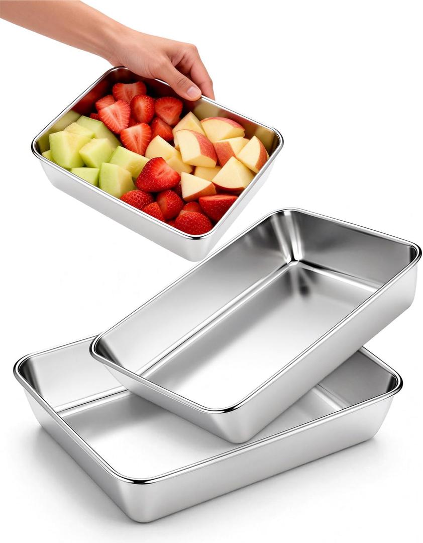 Stainless Steel Baking Pan Set, 3PCS Rectangular Cake & Brownie Pans, Deep Brushed Casserole Dishes, Heavy Duty Oven & Dishwasher Safe, Non-Toxic Bakeware, 8.6", 9.8", 11.8" (Silver)