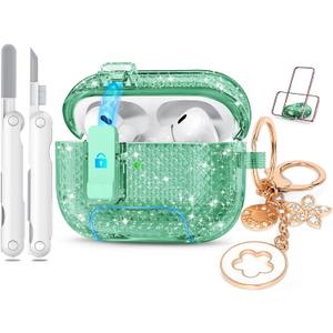 for Airpods Pro 2nd/1st Generation Case Shining Green with Lock&Bling Keychain for Women&Girly,Cute Soft TPU Clear Cases Cove for Airpods Pro 2 Case with Cleaning Kit,Phone Holder Function