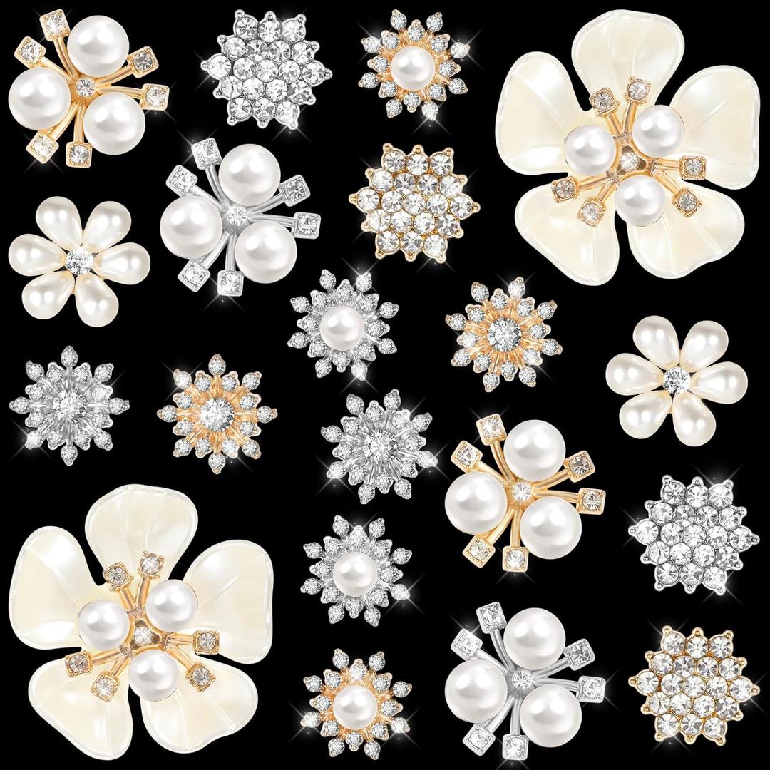 20 PCS Pearl Flower Buttons, Fancy Rhinestone Buttons, Flower Brooch for Jewelry Making Sewing DIY Clothing Bags Shoes Decoration