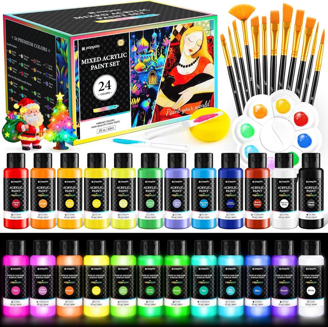 40 PCS Classic & Glow in the Dark Acrylic Paint Set with 12 Brushes, 2 Knives & Palette, 24 Colors Art Craft Paint for Beginners, Halloween Pumpkin Canvas Ceramic Rock Painting Kit (2 Fl Oz (Pack of 24))
