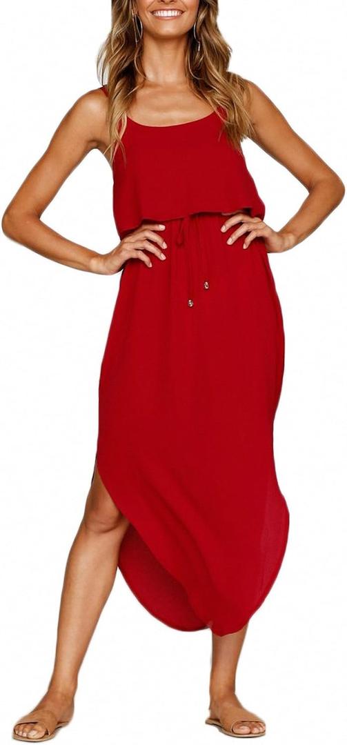 Women's Adjustable Strappy Split Summer Beach Casual Midi Dress (Red)