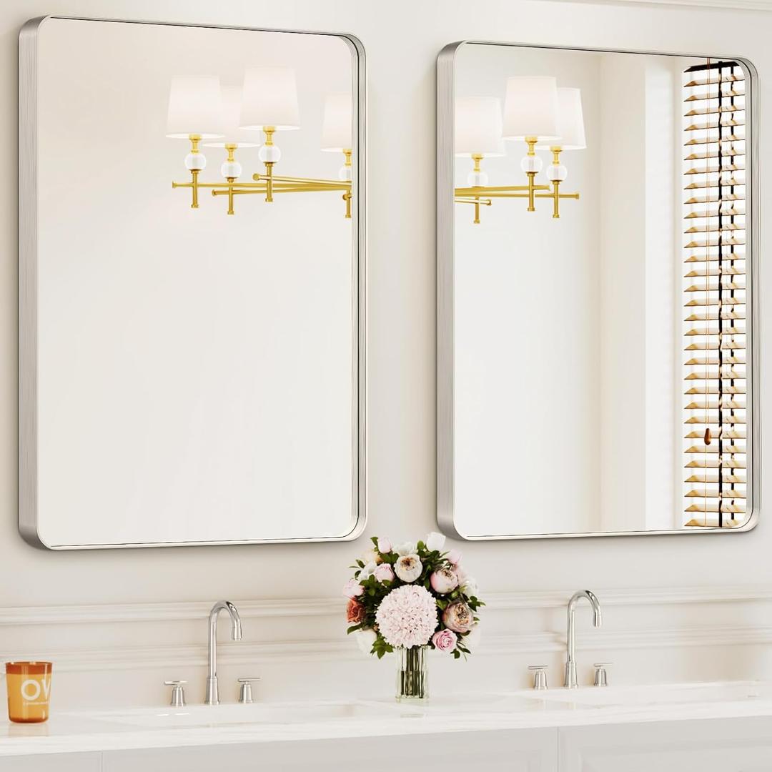 Bathroom Mirrors for Over Sink,2Pcs 24x36Inch Vanity Mirrors for Wall,Silver Metal Frame Rectangle Mirrors for Bathroom, Farmhouse,Restroom,Hangs Horizontally or Vertically
