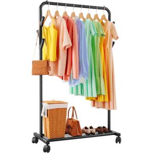 Sakugi Clothes Rack - Metal Coat Rack with Bottom Shelf, Portable Wardrobe Rack with 6 Side Rods, Rolling Clothing Rack for Hanging Clothes for Bedroom or Laundry Room (Black, 28.7 x 17 x 59.4)