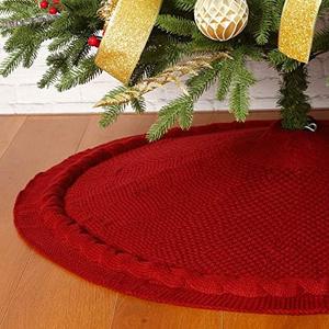 Sattiyrch Christmas Tree Skirt, 36 inches Luxury Cable Knit Knitted Thick Rustic Xmas Holiday Decoration, Burgundy (36in)
