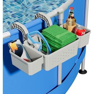 Kompoll Poolside Storage with 2 Pool Cup Holder, Thickened Plastic Pool Basket for Above Ground Pool Accessories, Multifunctional Poolside Holder Fits for Most Frame Pools (1 Pack)