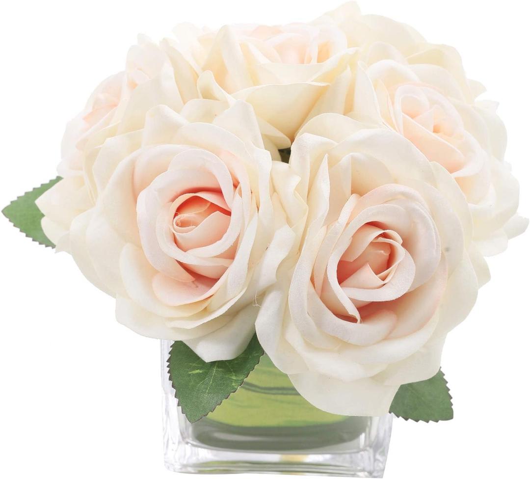 Fule Artificial Velvet Rose Flower Centerpiece Arrangement in vase for Home Wedding Decoration (Champagne)