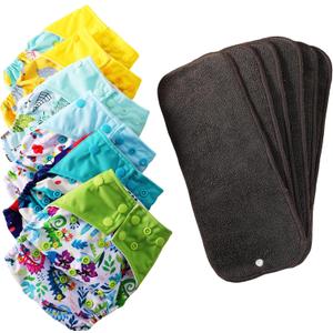 Cloth Diapers 6 Pack with 6 Inserts & 1 Wet Bag - Waterproof Cover, Washable, Reusable & One Size Adjustable Pocket Diapers for Newborns and Toddlers (Bear Set), One Size