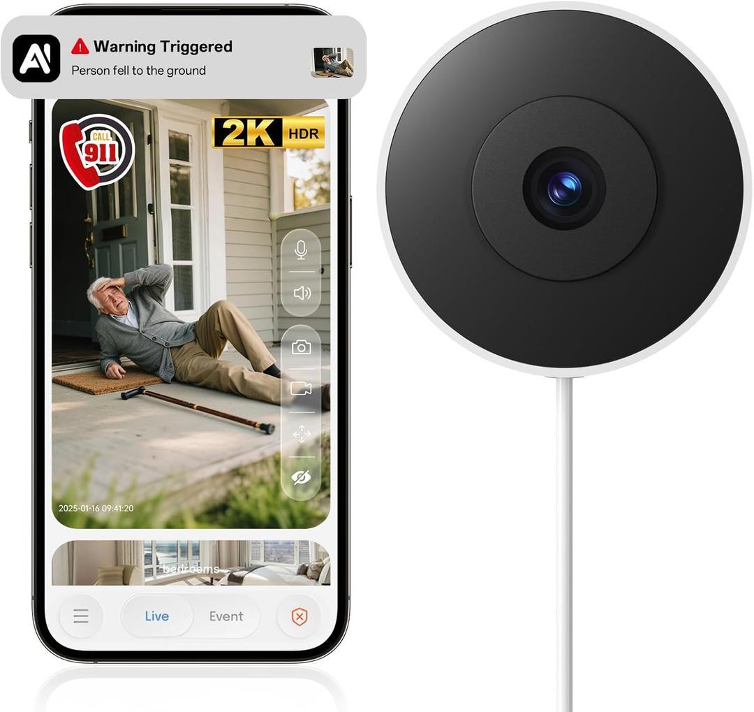 Window Camera, 2K 2.4G WIFI Indoor Cameras for Home Security with Starlight Night Vision, AI Smart Detection, 911 Emergency Dispatch, US Based Cloud,2 Way Talk, 24/7 Recording, Easy & Quick Install